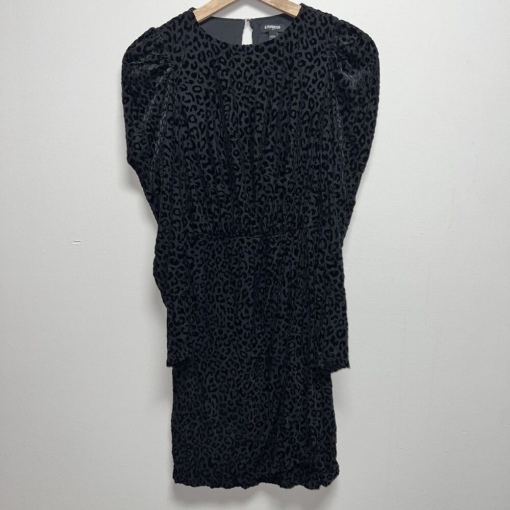 Express leopard print burnout velvet puff sleeve black womens dress XXS